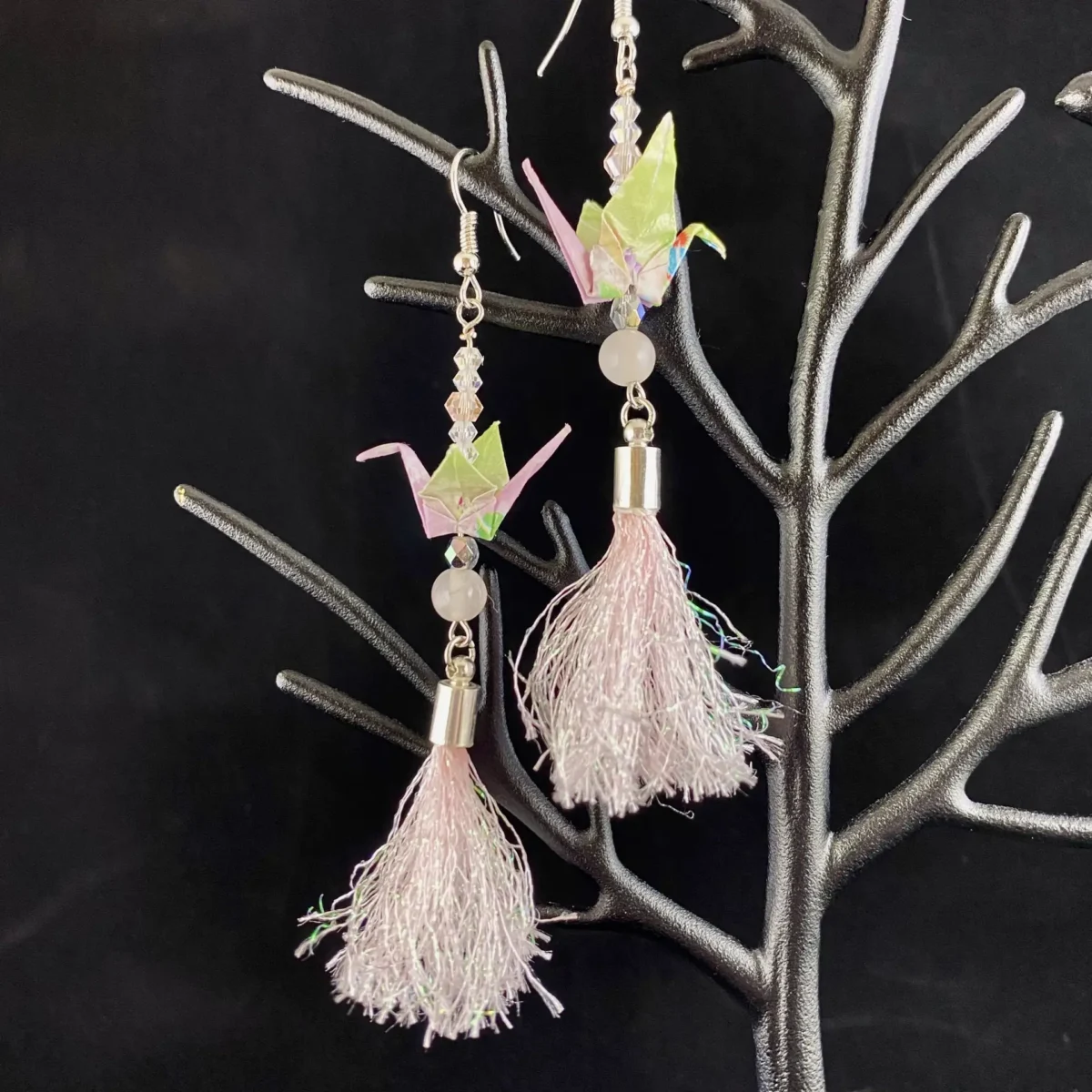 Pink and green origami crane earrings