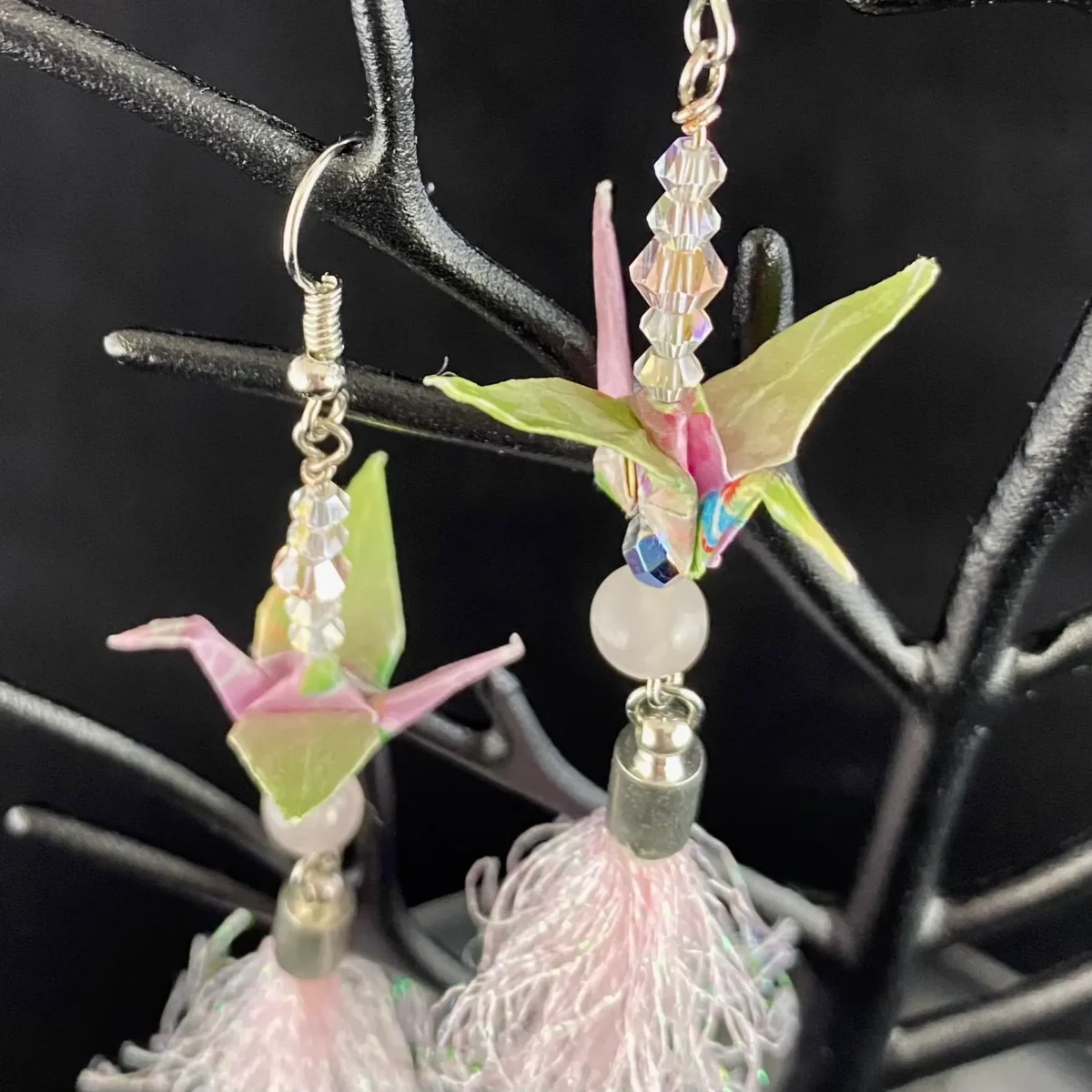 Pink and green origami crane earrings