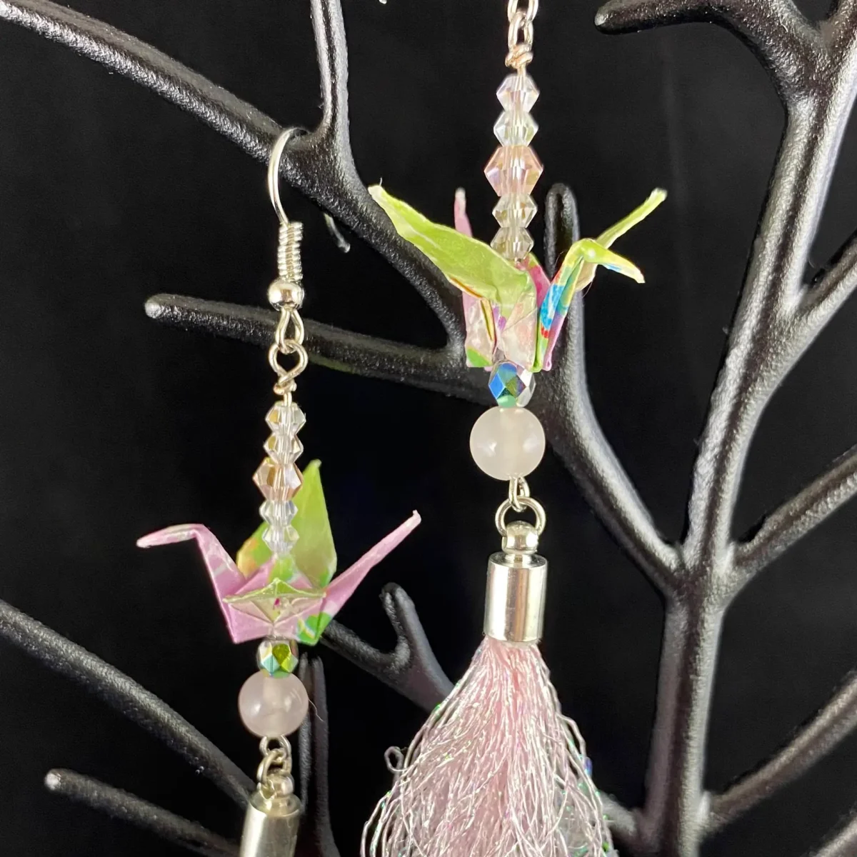 Pink and green origami crane earrings