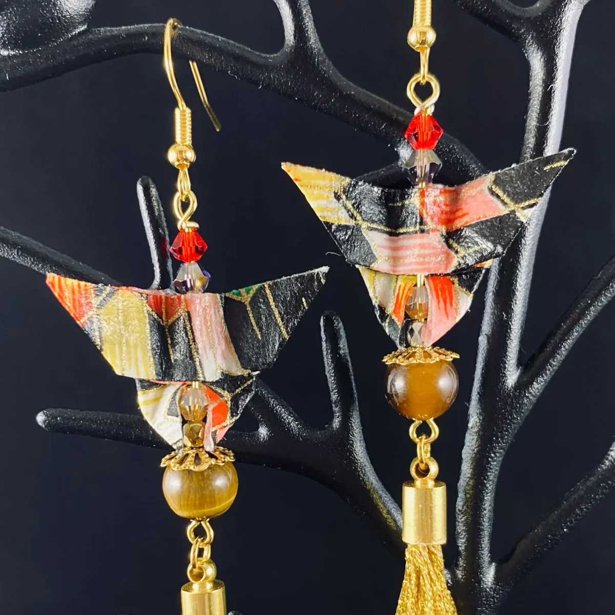 Red and gold origami butterfly earrings