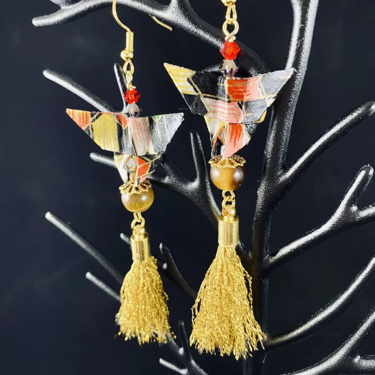 Red and gold origami butterfly earrings