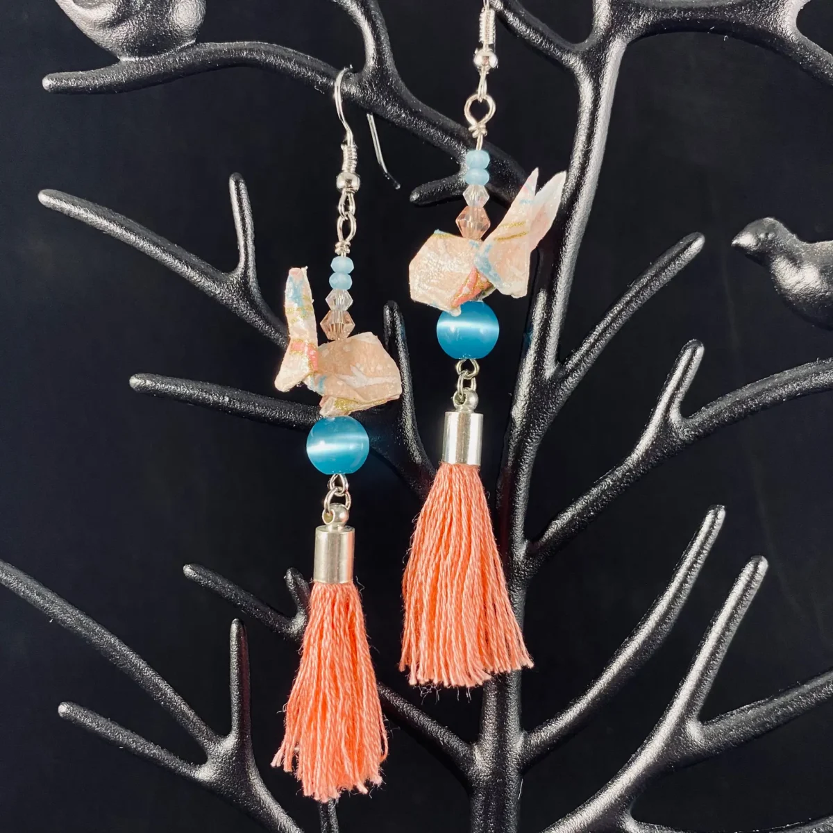 Pink and turquoise origami rabbit earrings