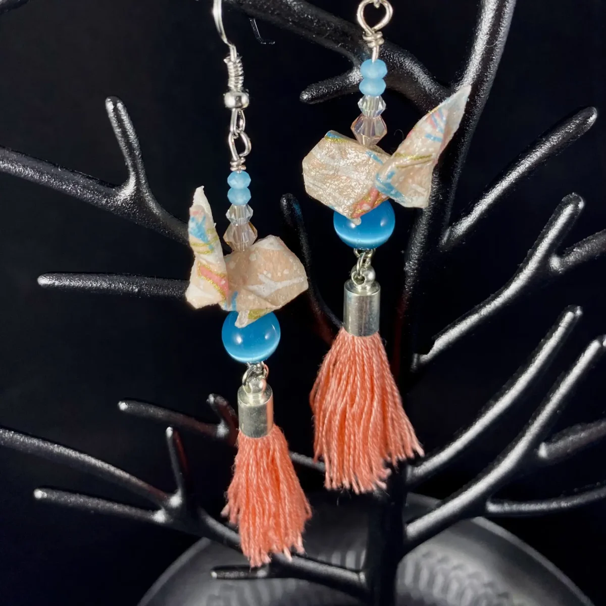 Pink and turquoise origami rabbit earrings