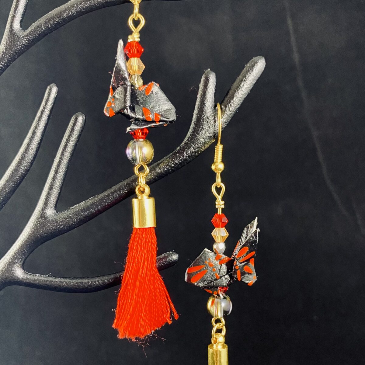 Red and gold rabbit origami earrings