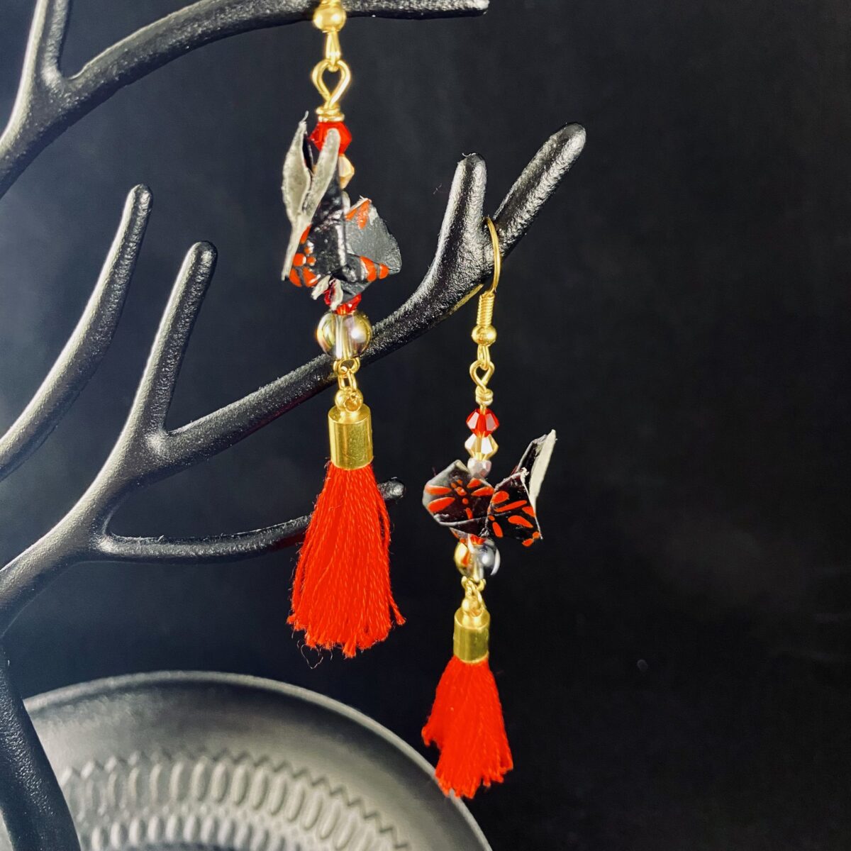 Red and gold rabbit origami earrings