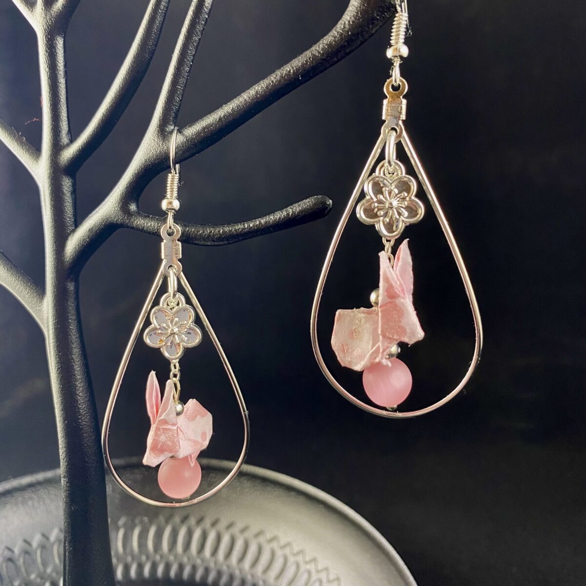 Pink and silver origami rabbit earrings