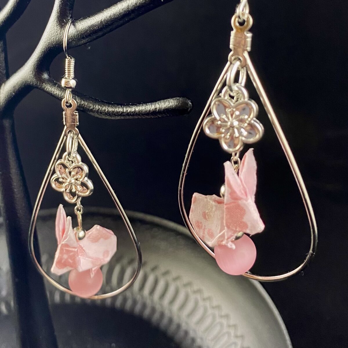 Pink and silver origami rabbit earrings
