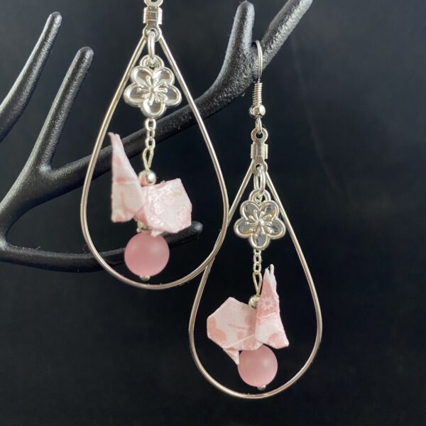 Pink and silver origami rabbit earrings
