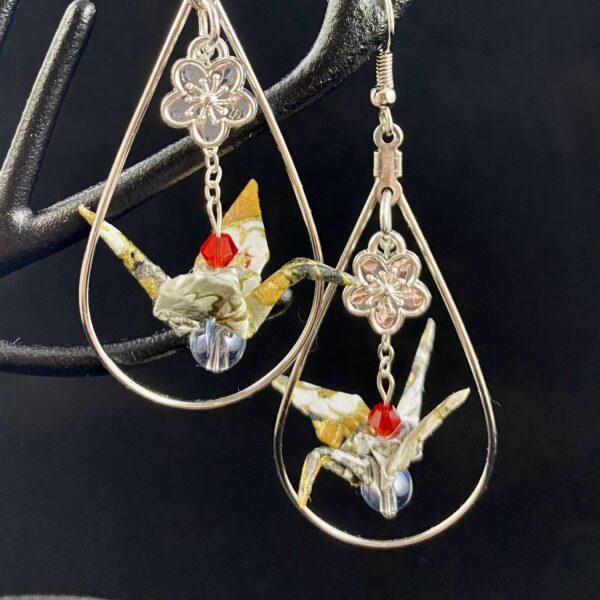 Red and silver origami rabbit earrings