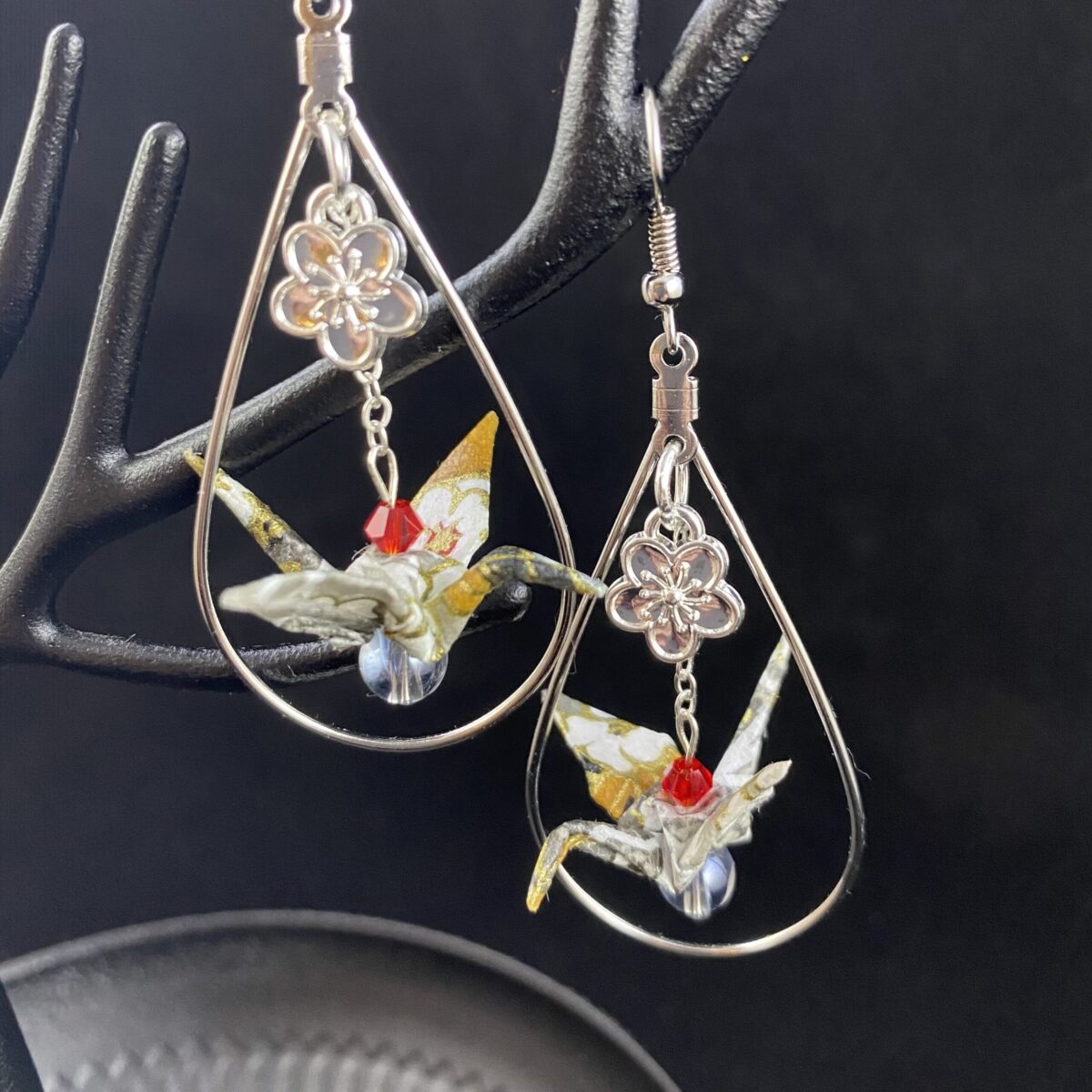 Red and silver origami rabbit earrings
