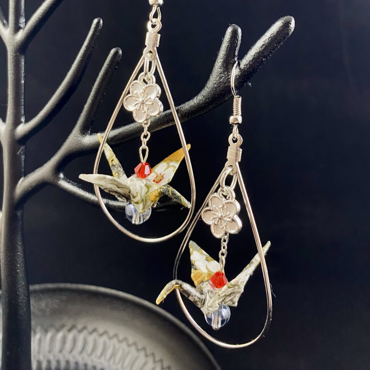 Red and silver origami rabbit earrings