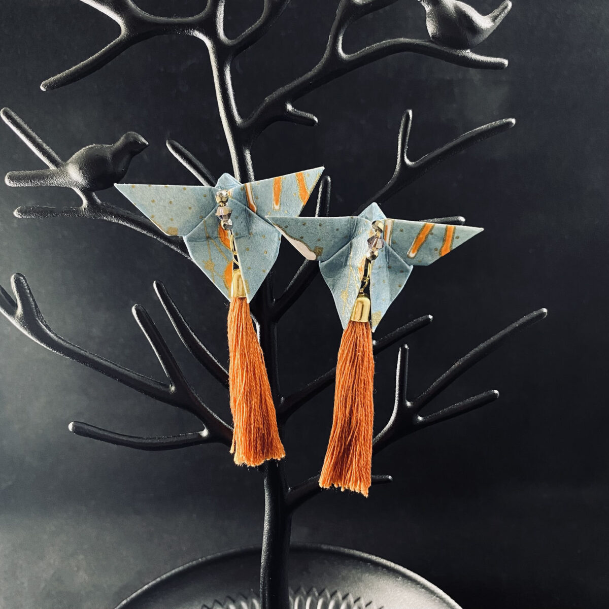 Blue and Orange Origami Large Butterfly Tassel Earrings