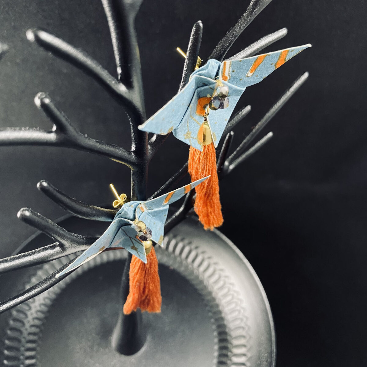 Blue and Orange Origami Large Butterfly Tassel Earrings - Image 2