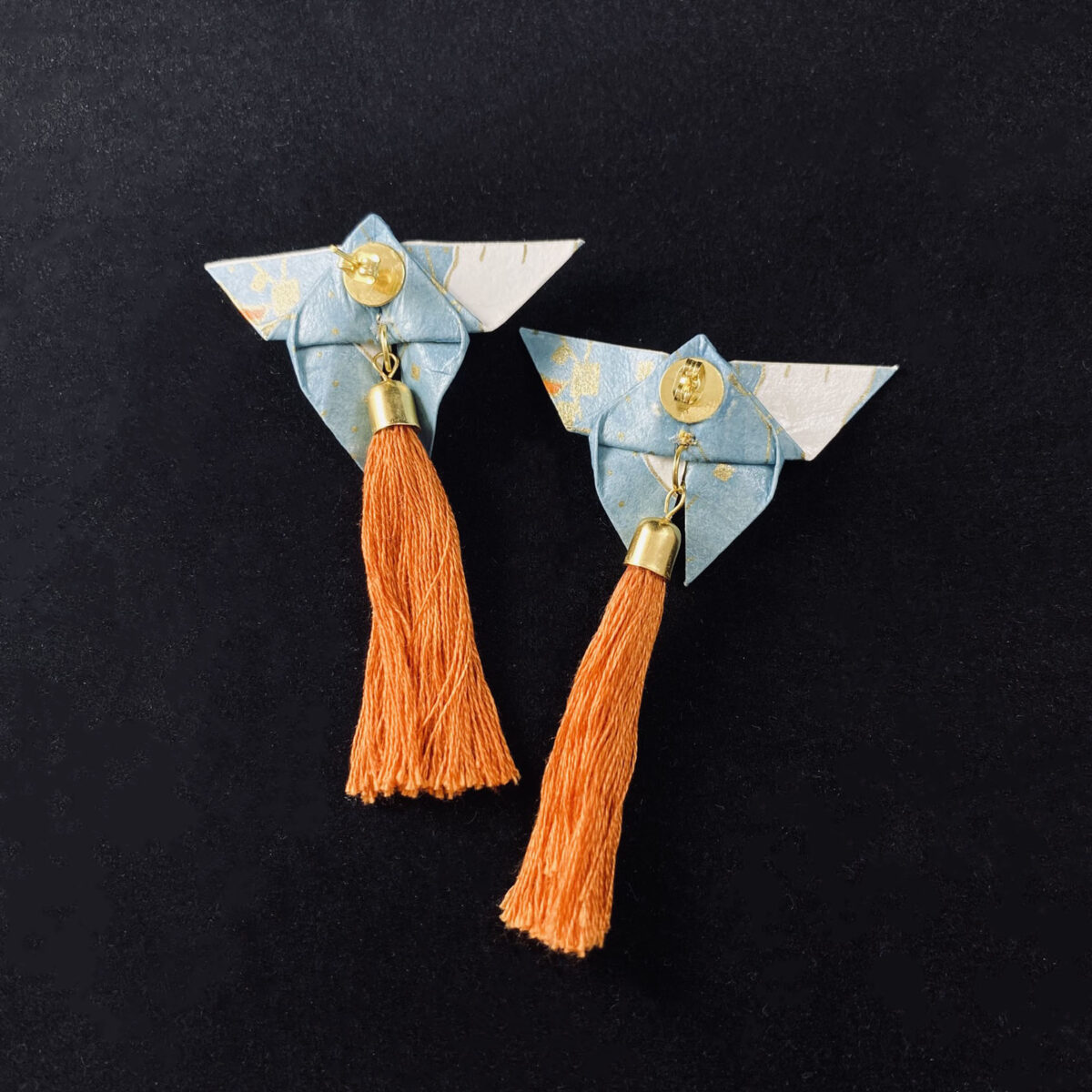 Blue and Orange Origami Large Butterfly Tassel Earrings - Image 3
