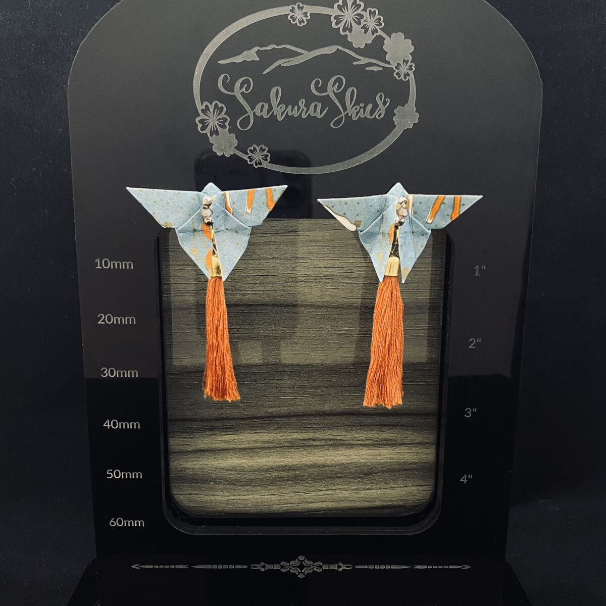 Blue and Orange Origami Large Butterfly Tassel Earrings - Image 4