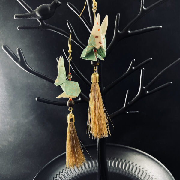 Green and Gold Origami Large Rabbit Tassel Earrings