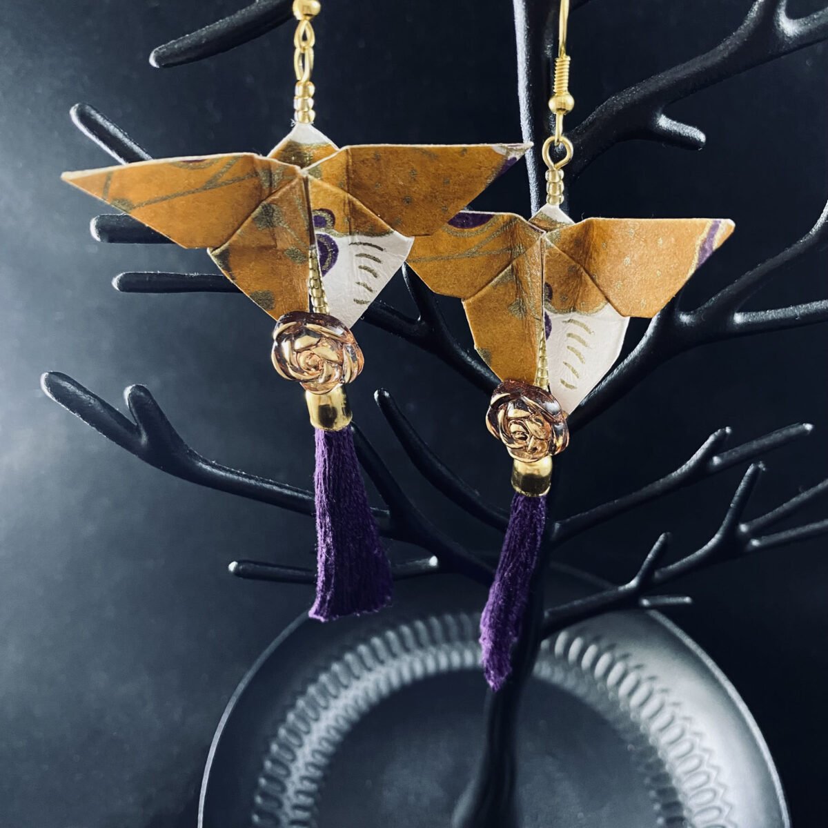 Purple and Gold Origami Large Butterfly Tassel Earrings - Image 3
