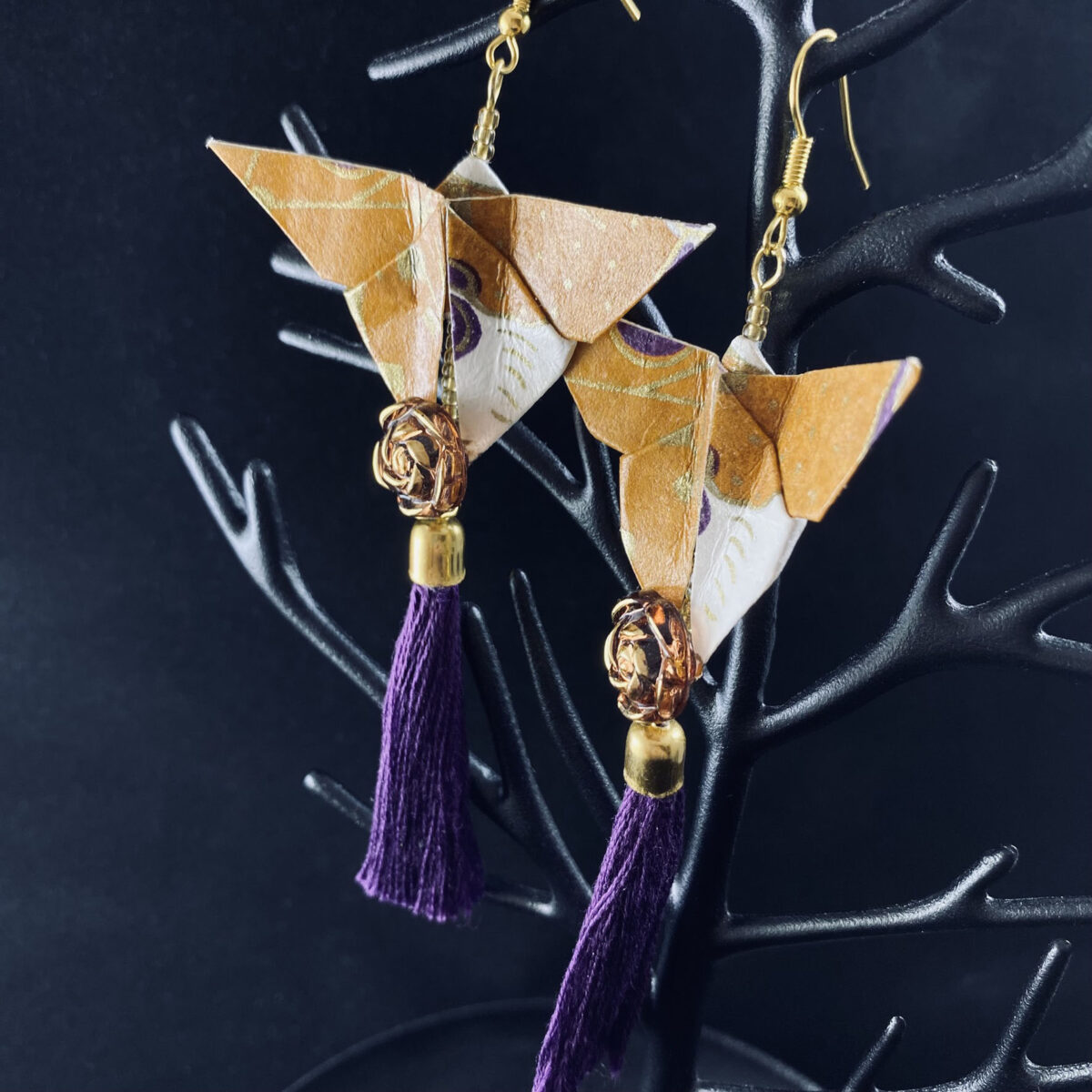 Purple and Gold Origami Large Butterfly Tassel Earrings - Image 2