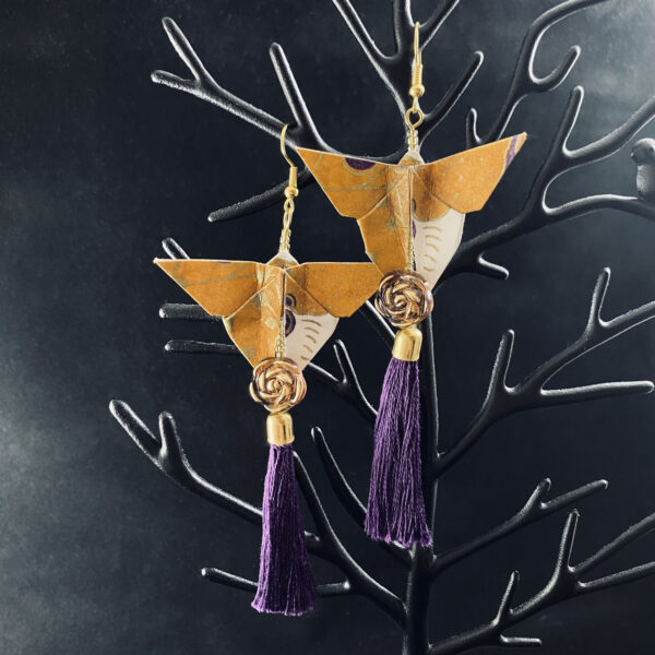 Purple and Gold Origami Large Butterfly Tassel Earrings