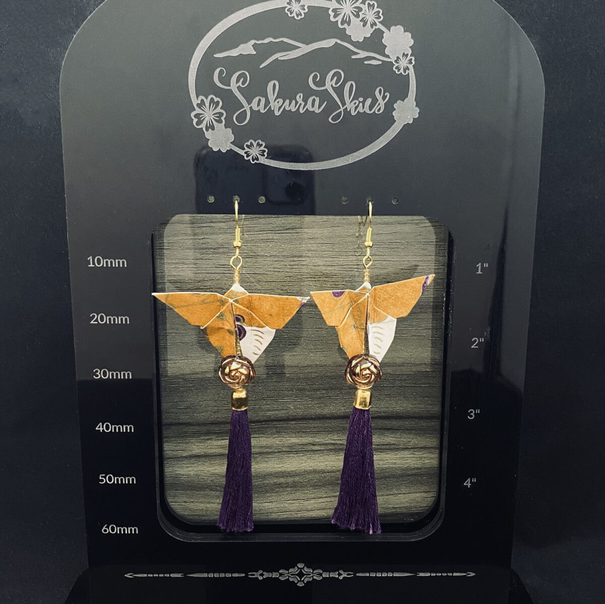 Purple and Gold Origami Large Butterfly Tassel Earrings - Image 4