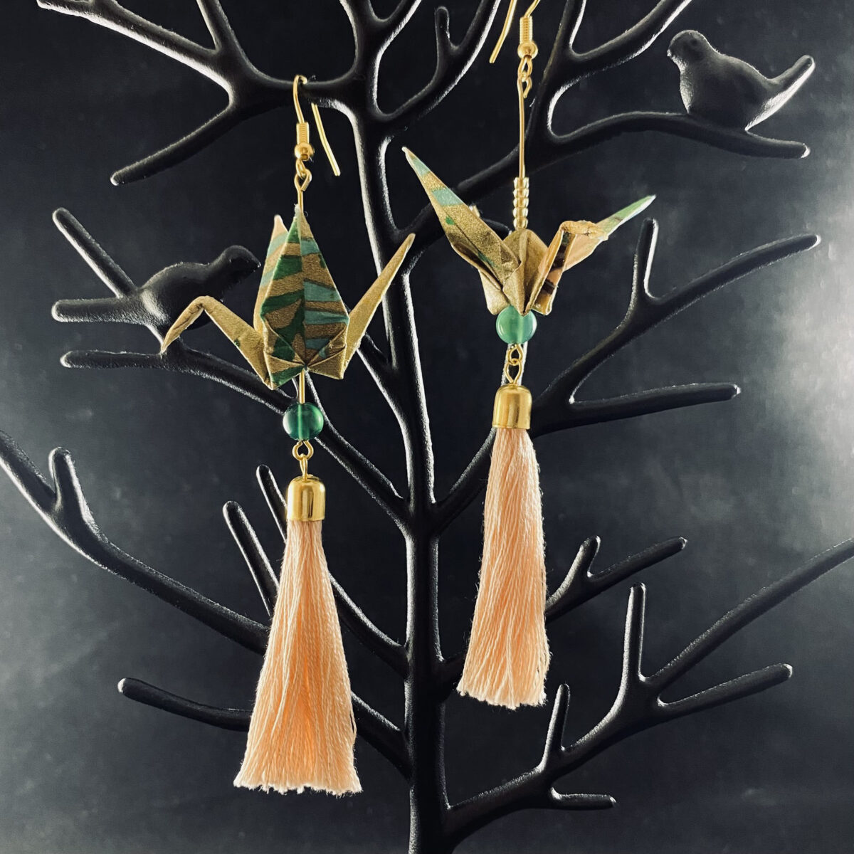 Green and Gold Origami Large Crane Tassel Earrings