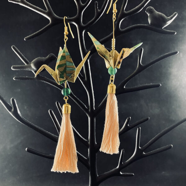 Green and Gold Origami Large Crane Tassel Earrings