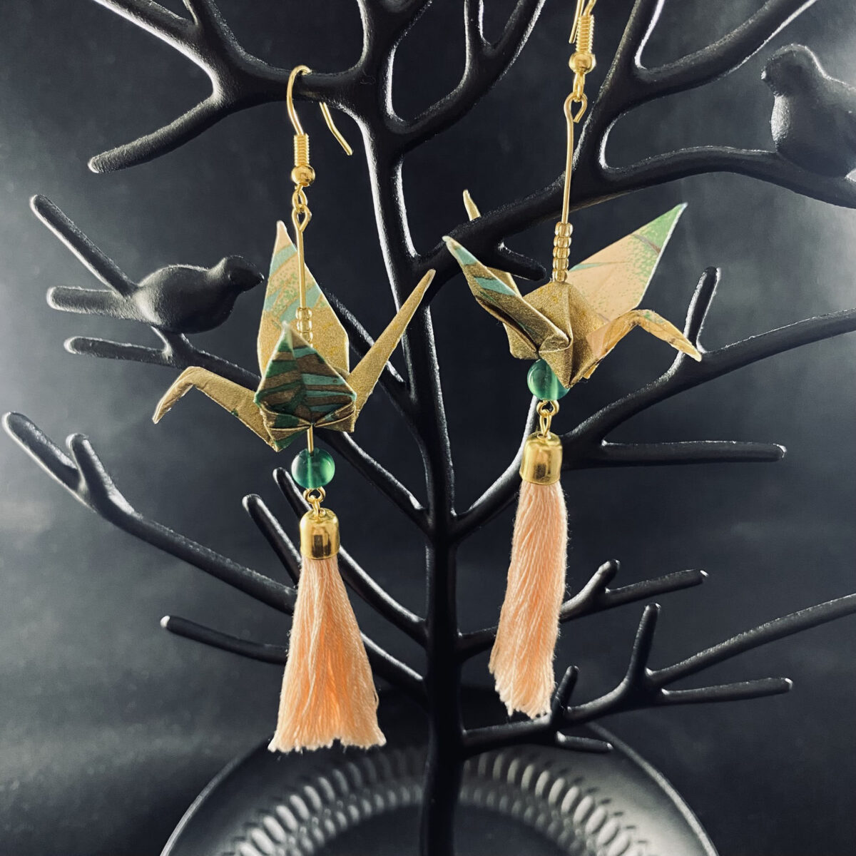 Green and Gold Origami Large Crane Tassel Earrings - Image 2