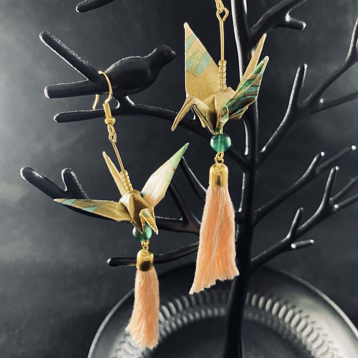 Green and Gold Origami Large Crane Tassel Earrings - Image 3