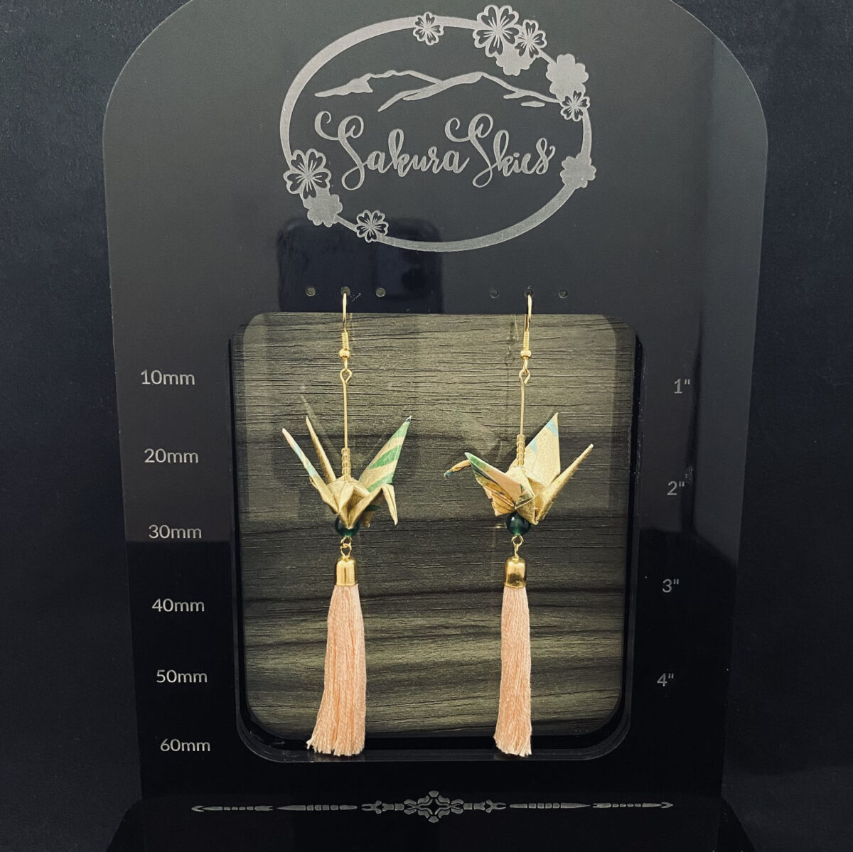 Green and Gold Origami Large Crane Tassel Earrings - Image 4