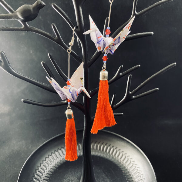 Red and Purple Origami Large Crane Tassel Earrings