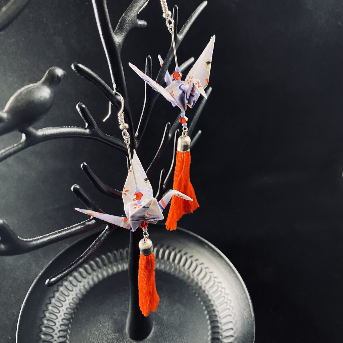 Red and Purple Origami Large Crane Tassel Earrings - Image 3