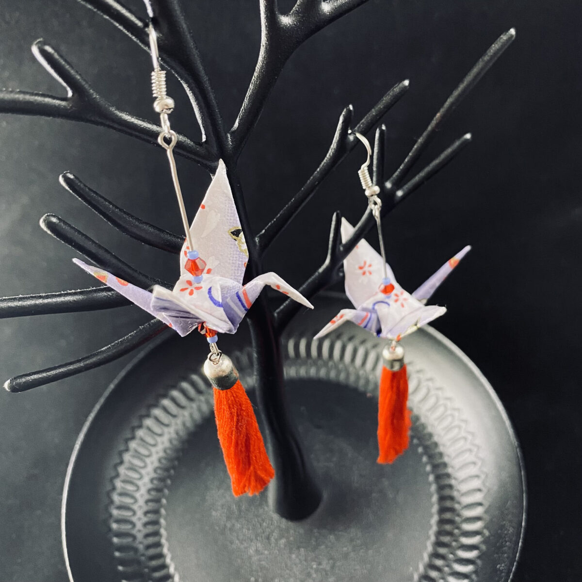 Red and Purple Origami Large Crane Tassel Earrings - Image 2
