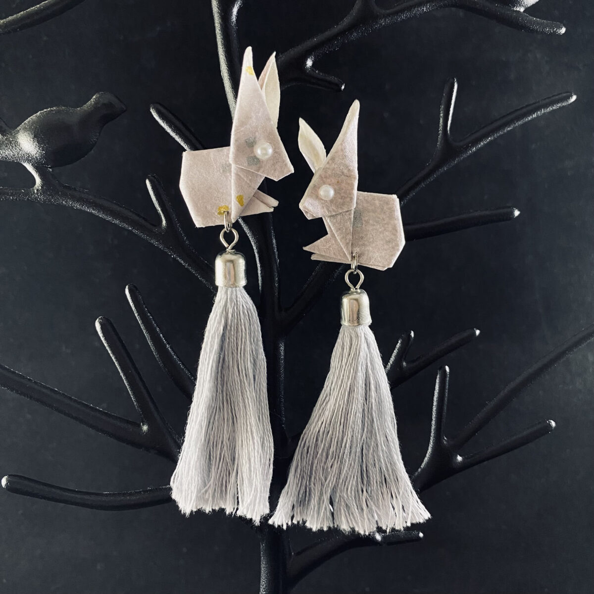 Gray and Silver Origami Large Rabbit Tassel Earrings