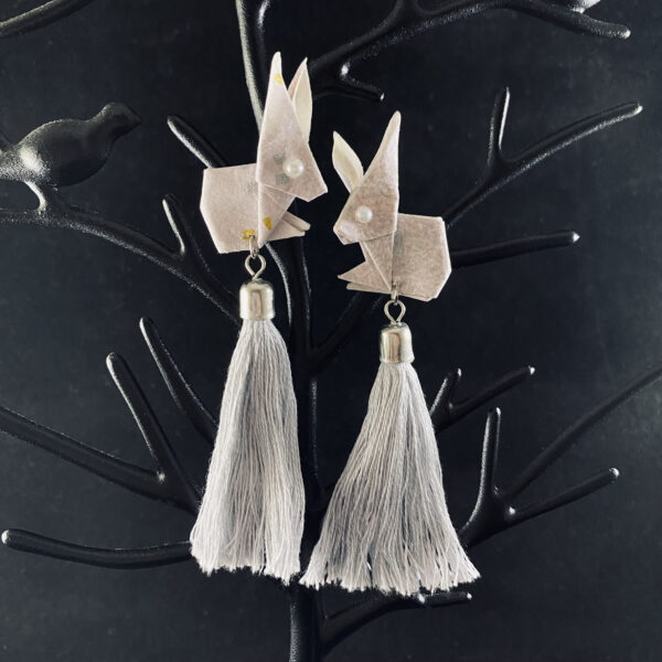 Gray and Silver Origami Large Rabbit Tassel Earrings
