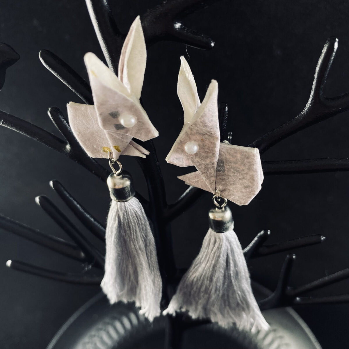 Gray and Silver Origami Large Rabbit Tassel Earrings - Image 2