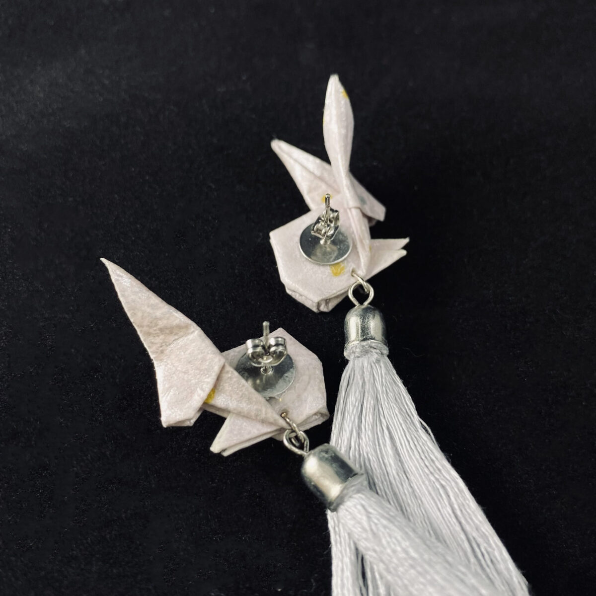 Gray and Silver Origami Large Rabbit Tassel Earrings - Image 3