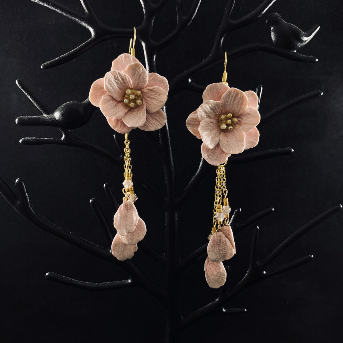 Pink Blossom Two Tier Sculpted Clay Dangle Earrings