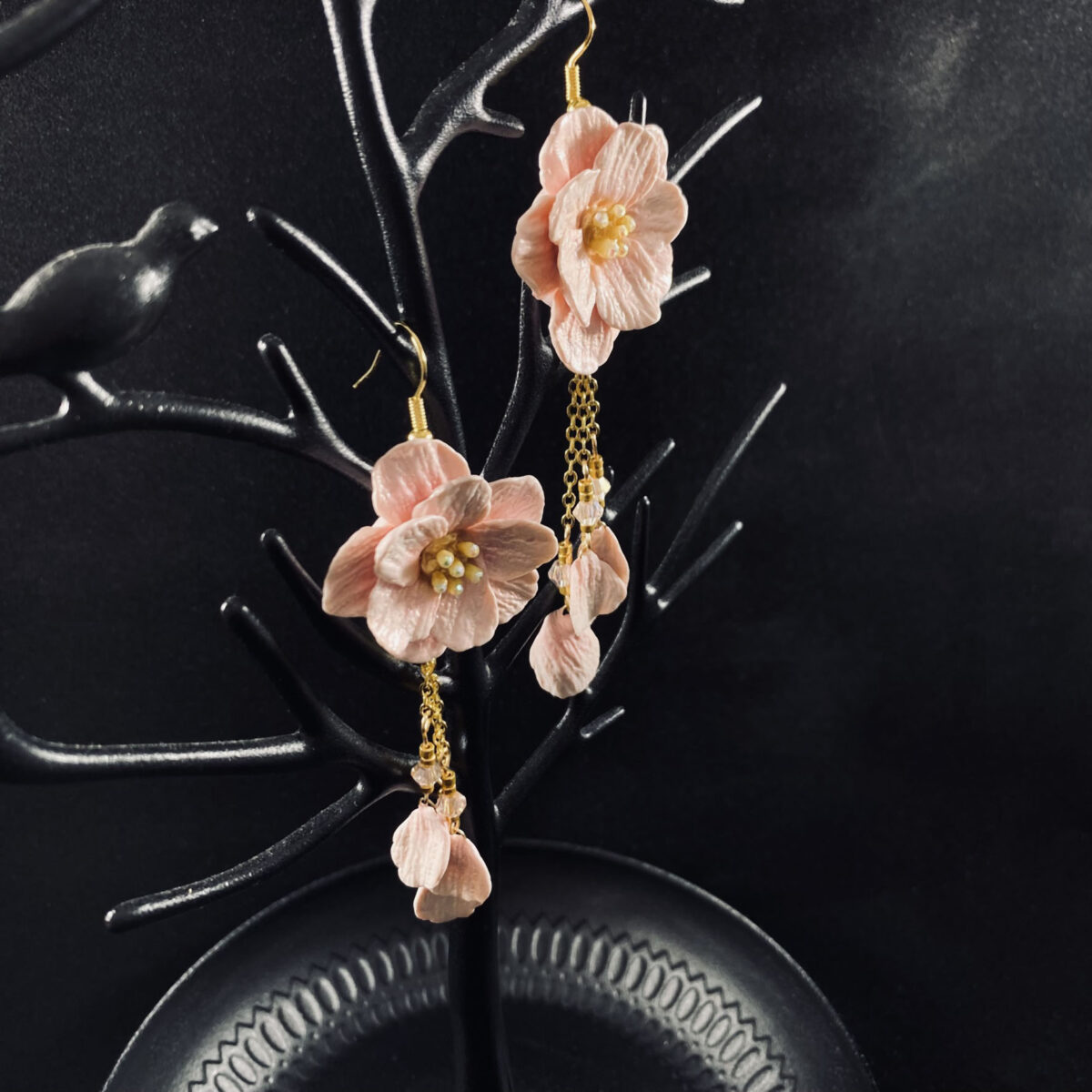 Pink Blossom Two Tier Sculpted Clay Dangle Earrings - Image 3