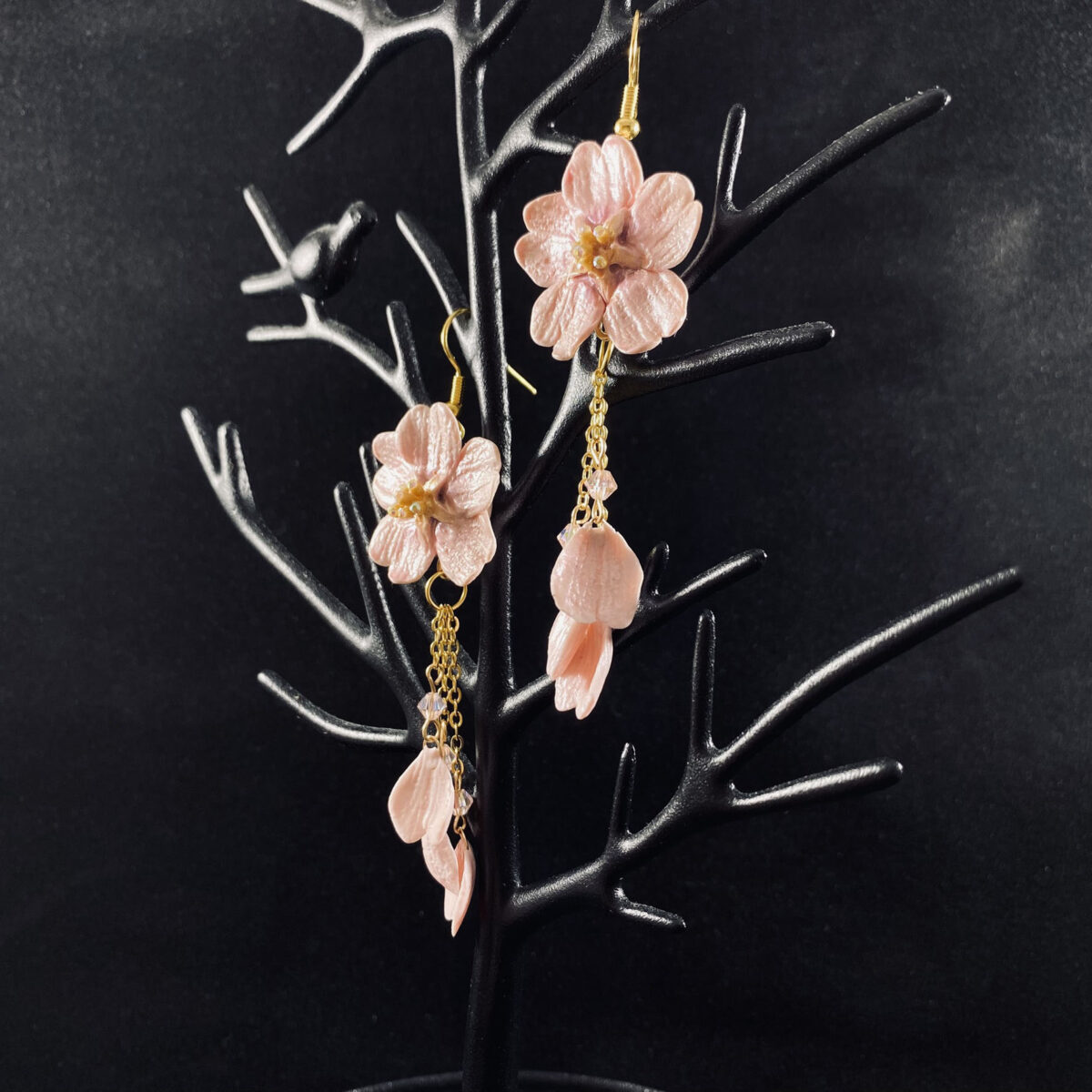Pink Cherry Blossom Sculpted Clay Dangle Earrings - Image 2
