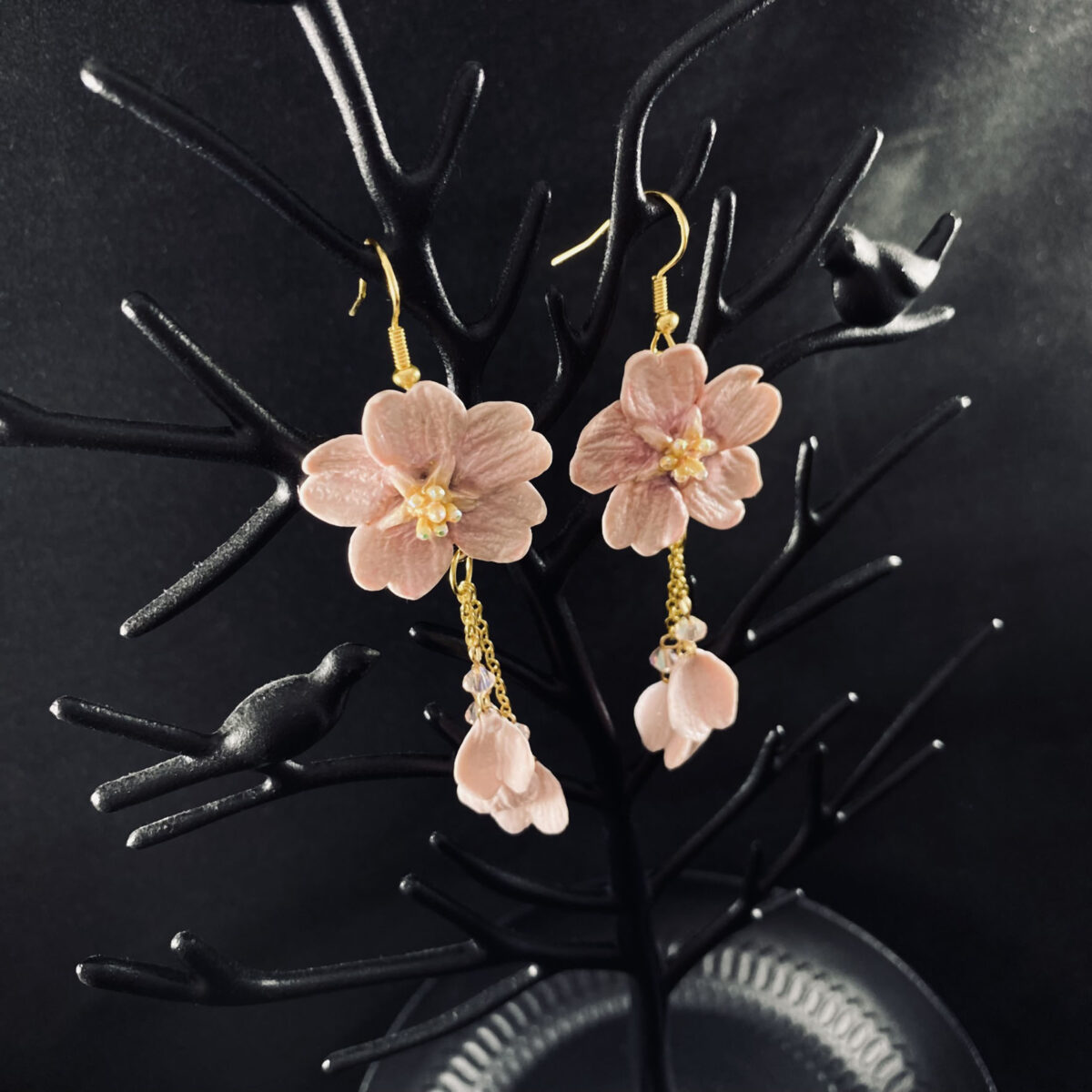 Pink Cherry Blossom Sculpted Clay Dangle Earrings - Image 3