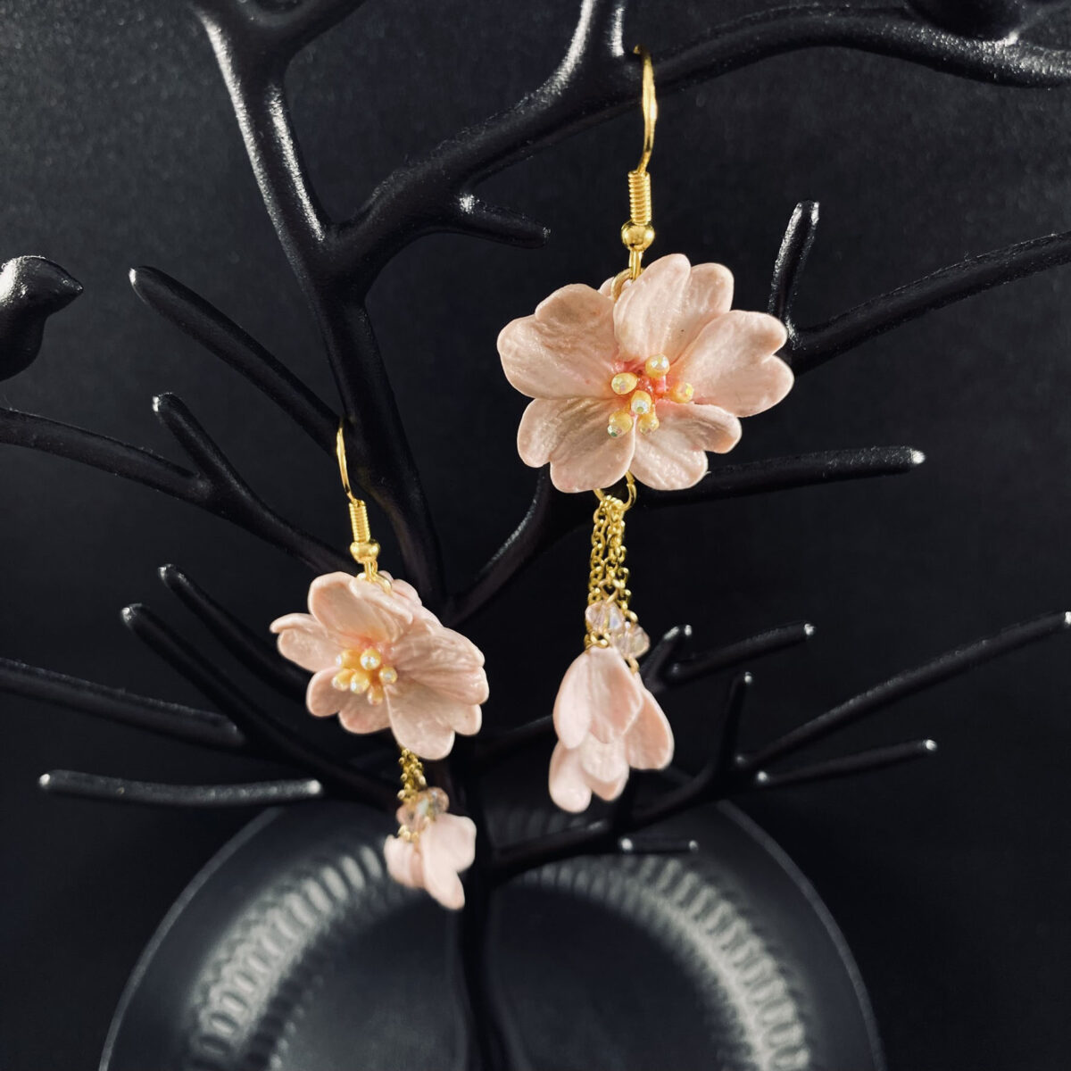 Pink Cherry Blossom Sculpted Clay Dangle Earrings V2 - Image 3