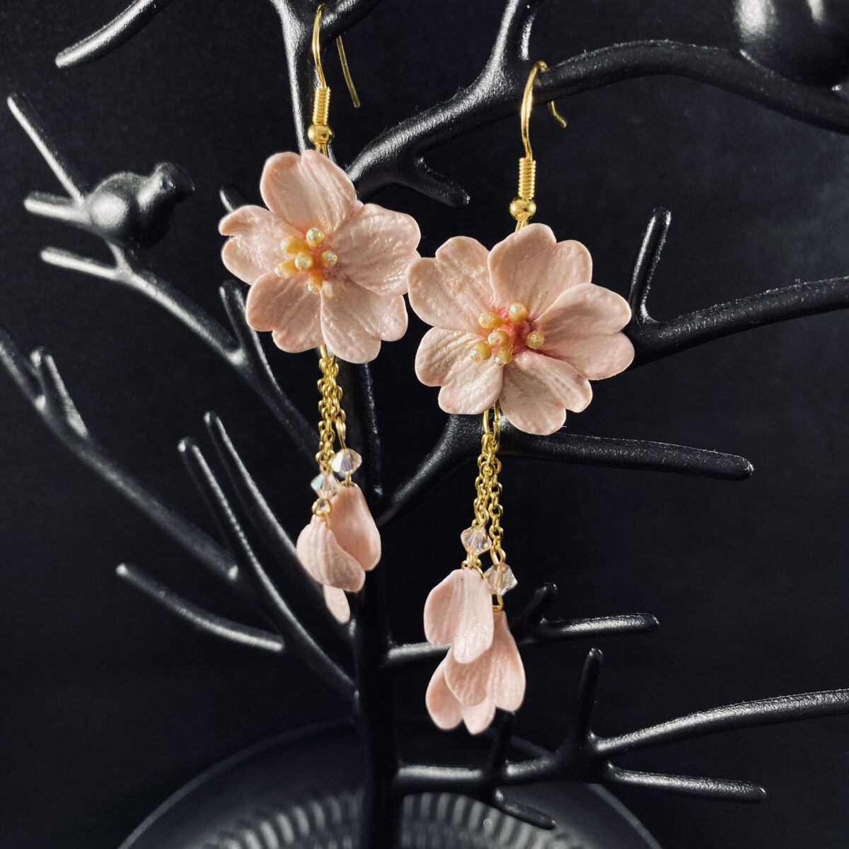 Pink Cherry Blossom Sculpted Clay Dangle Earrings V2 - Image 2