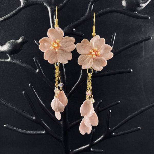 Pink Cherry Blossom Sculpted Clay Dangle Earrings V2