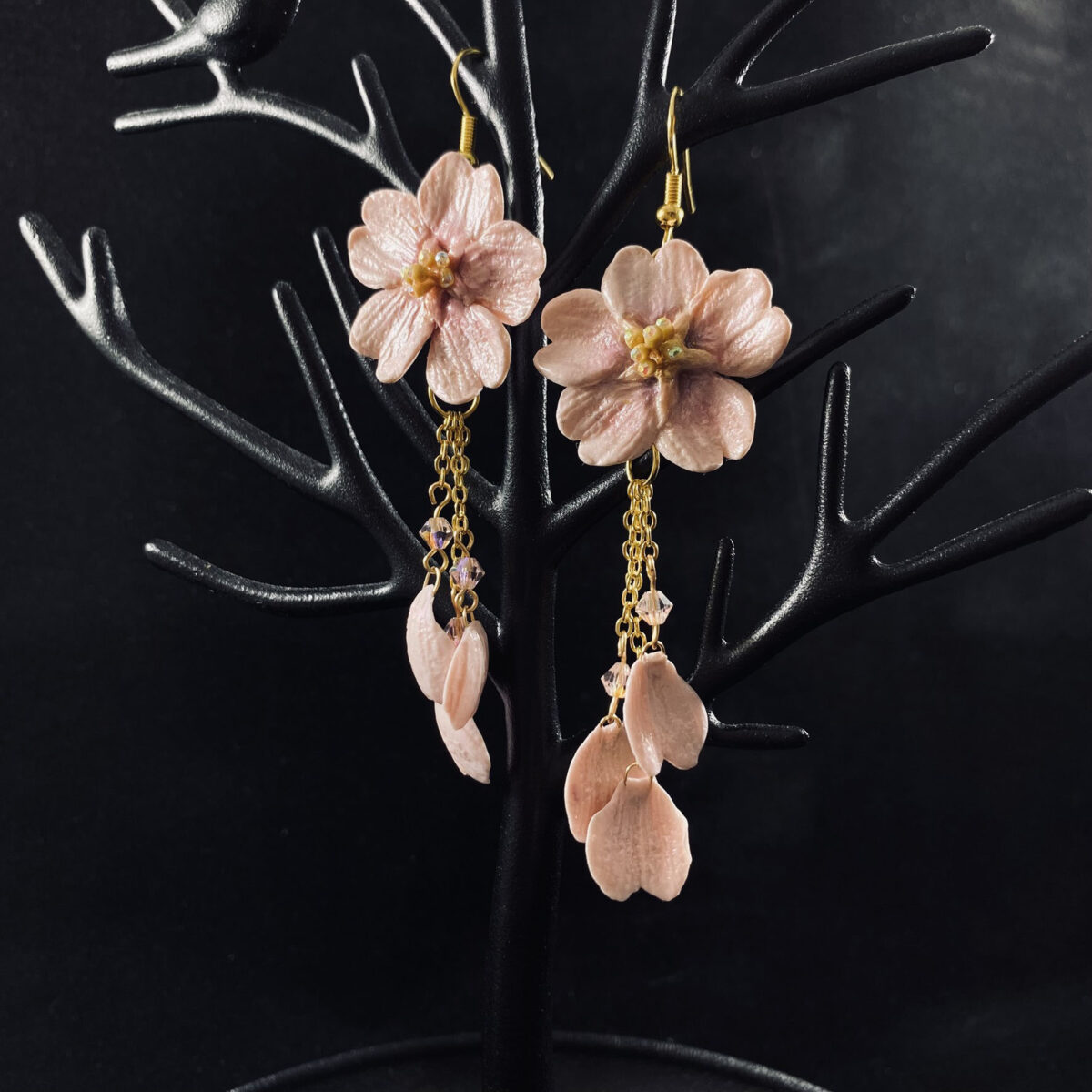 Pink Cherry Blossom Sculpted Clay Dangle Earrings V3 - Image 3