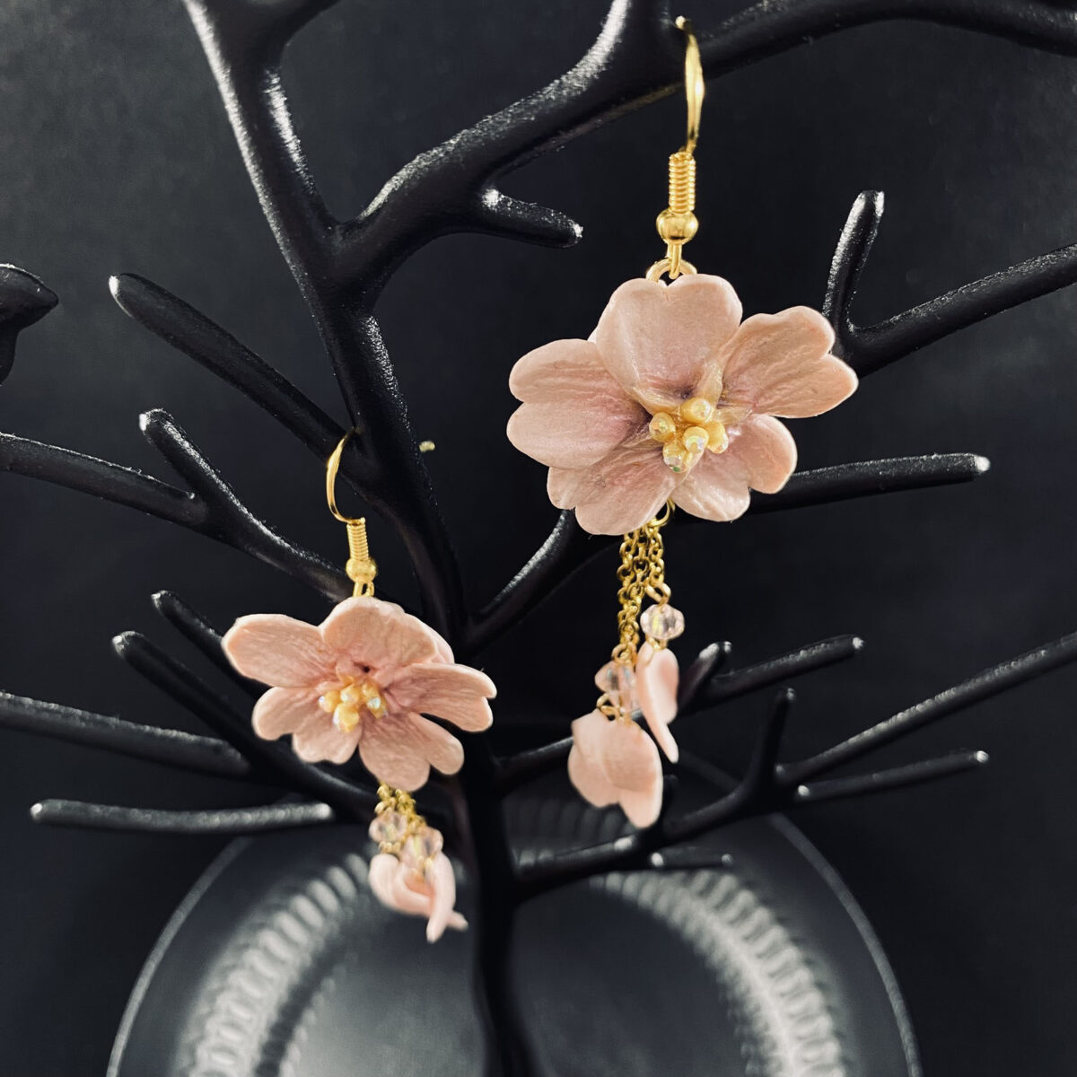 Pink Cherry Blossom Sculpted Clay Dangle Earrings V3 - Image 2