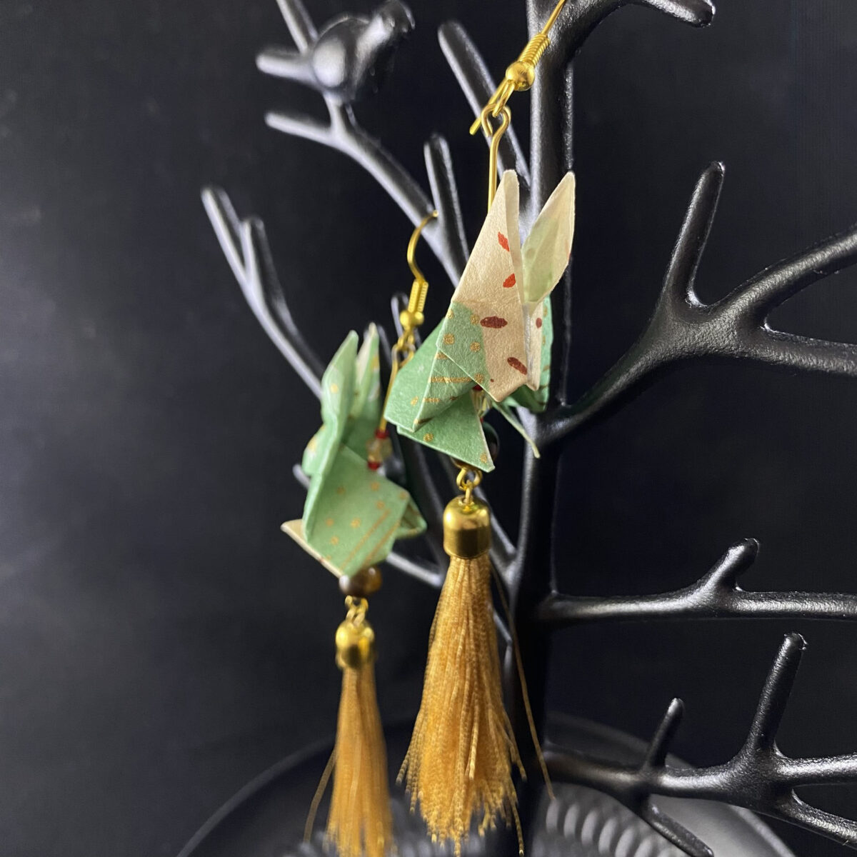 Green and Gold Origami Large Rabbit Tassel Earrings - Image 3