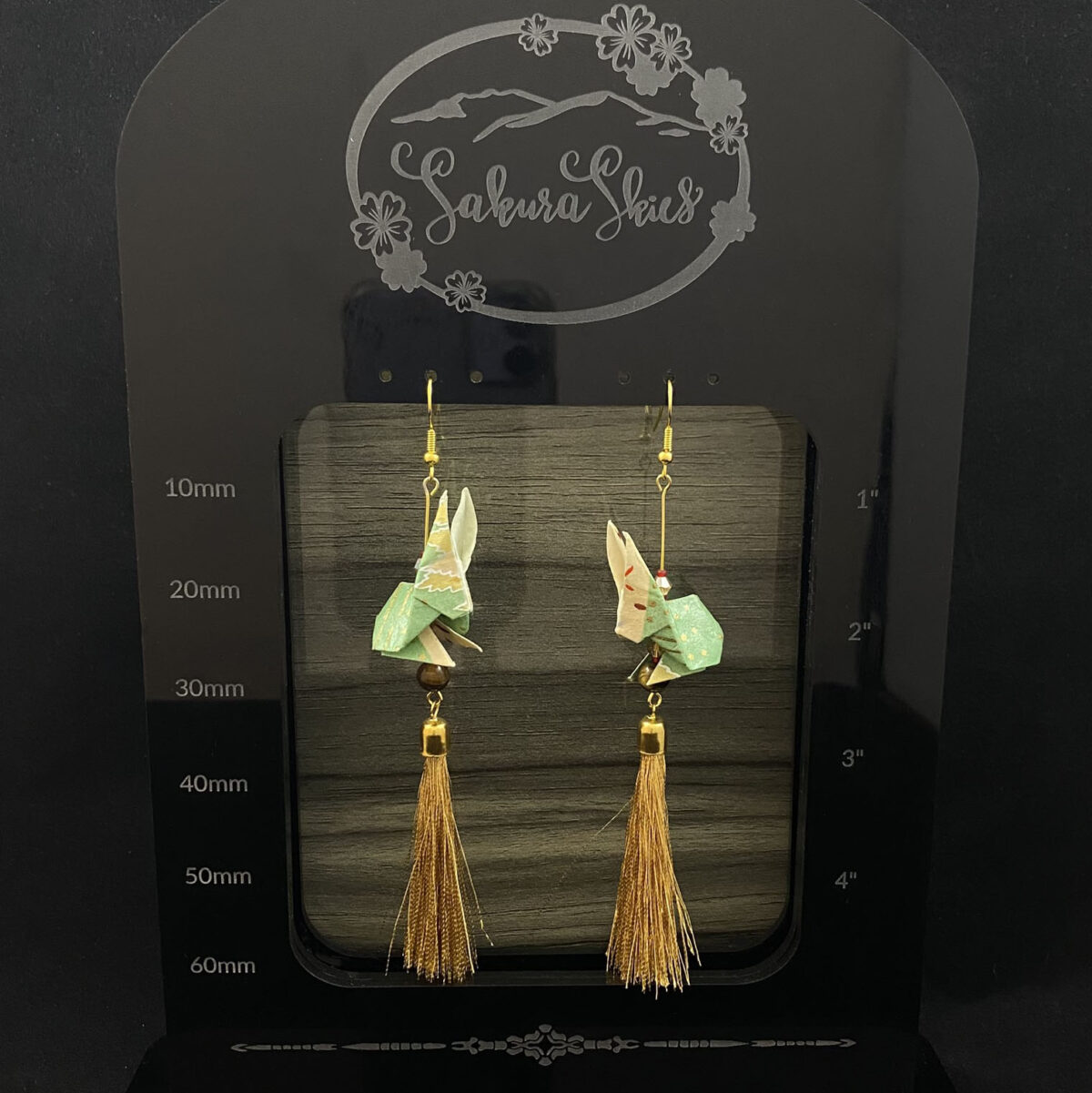 Green and Gold Origami Large Rabbit Tassel Earrings - Image 4