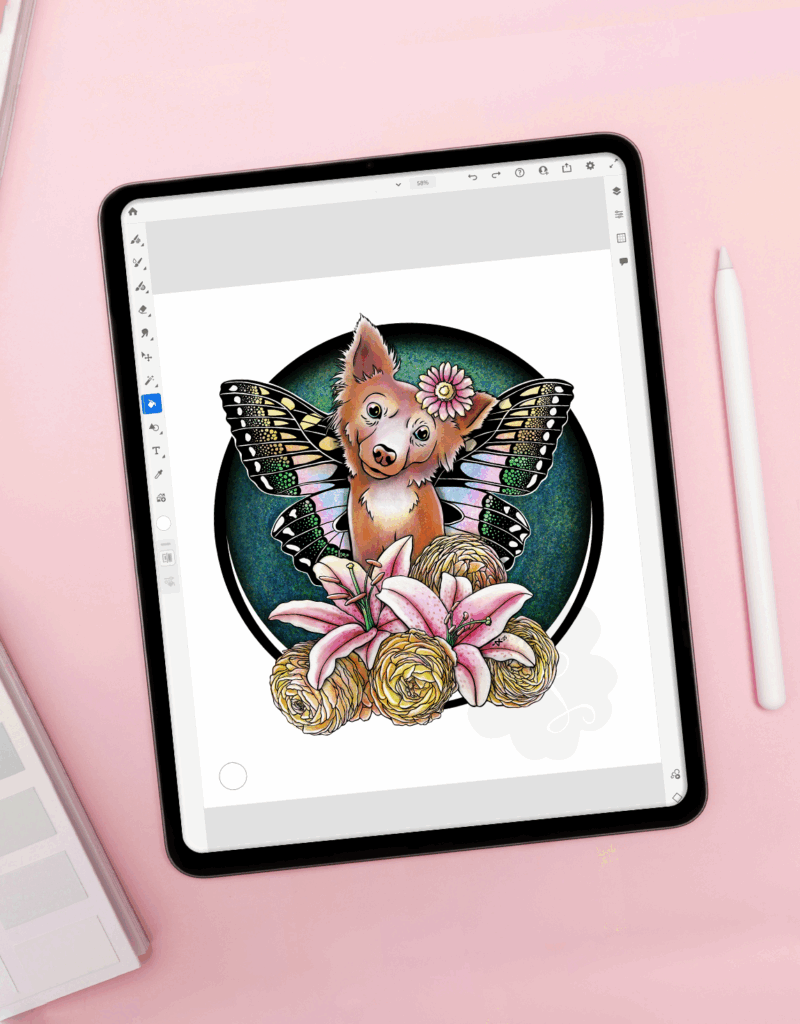 An IPad featuring drawing software with a fairy pup with rainbow wings surrounded by lilies and ranunculus flowers.