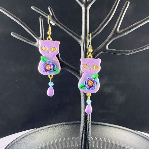 Purple & Teal Floral Cat Sculpted Clay Earrings