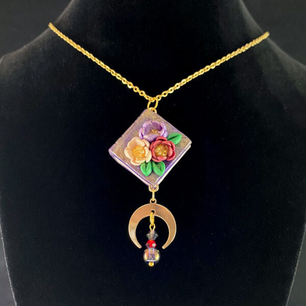 Purple Book Blossom & Moon Sculpted Clay Necklace